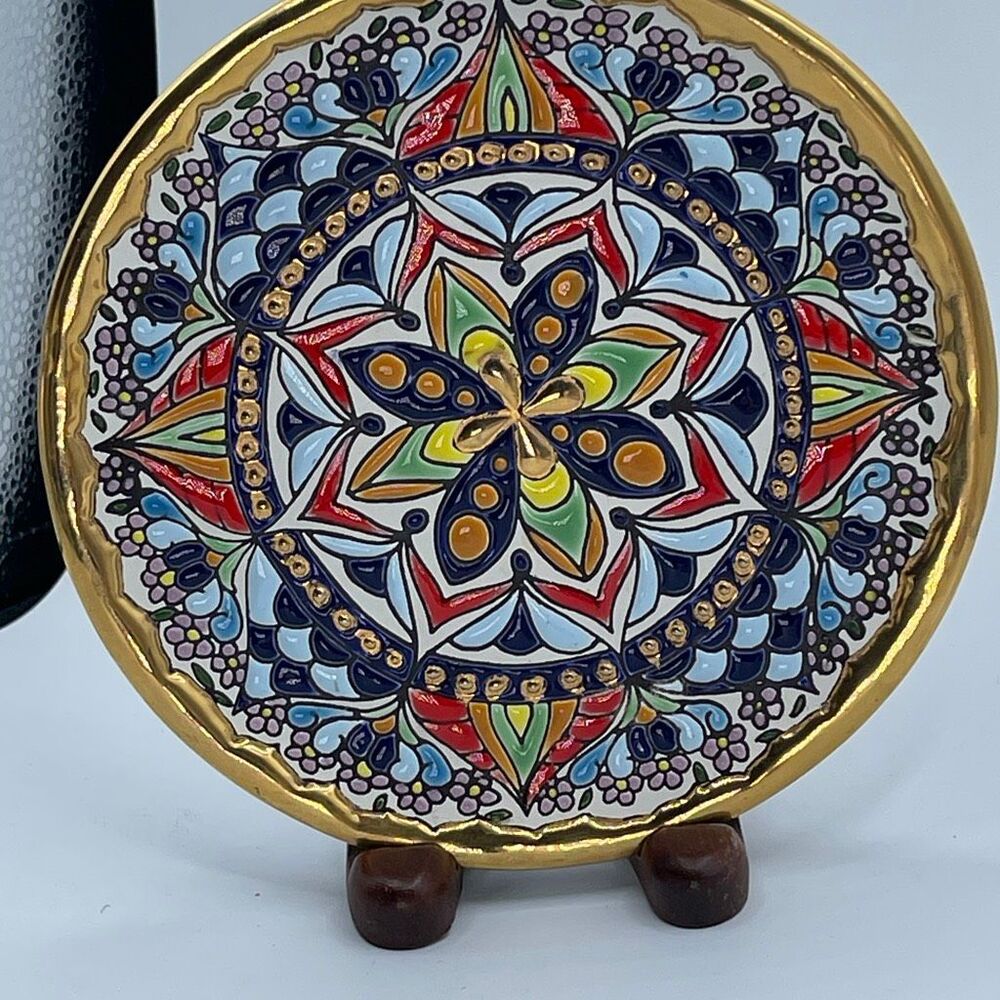 Spanish Artecer Majolica enamel 24K gold raised decor hand painted wall art.